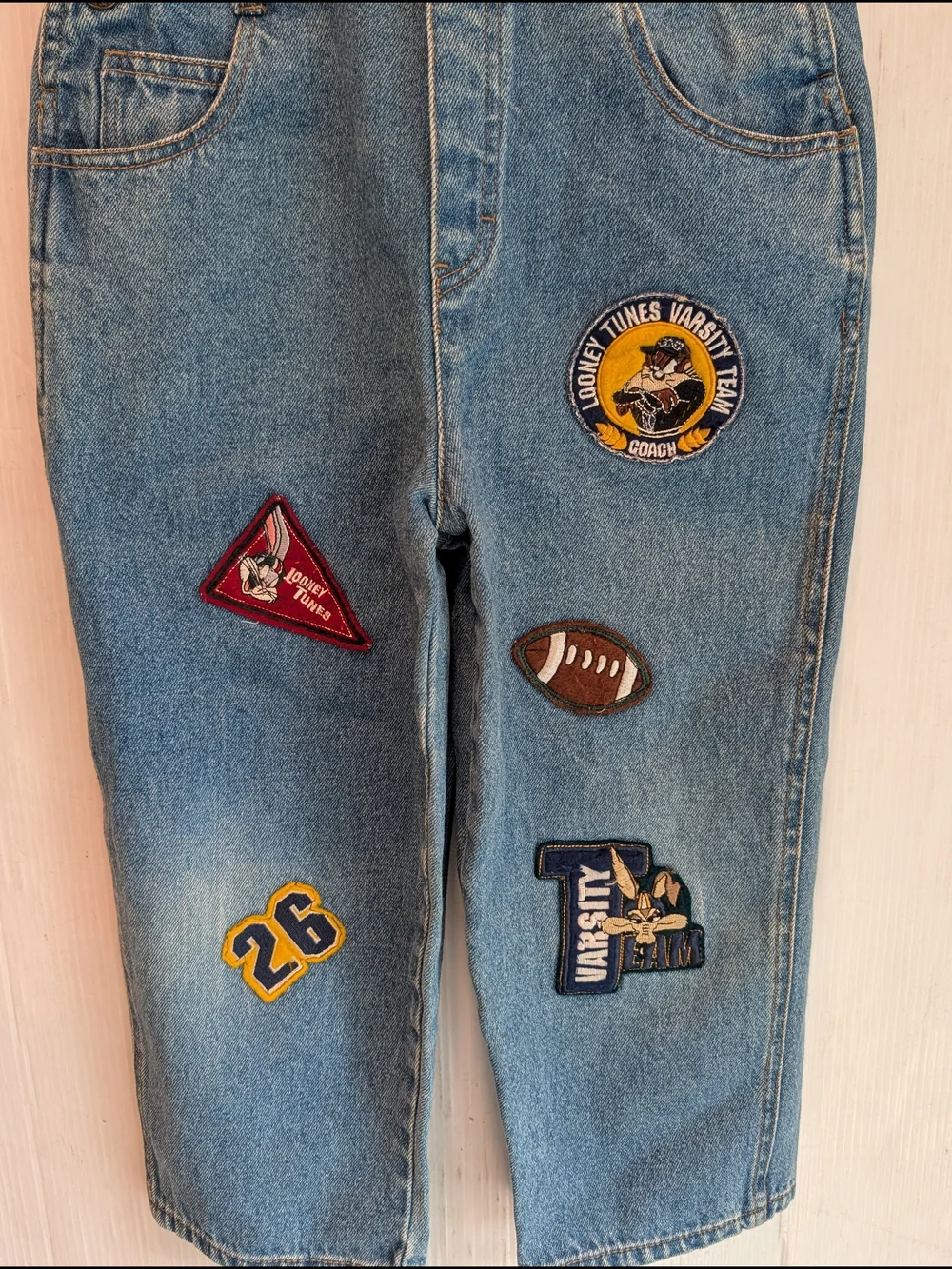 LOONEY TUNES Kids Blue Denim Overalls with Football Varsity Fun Patches Size 5